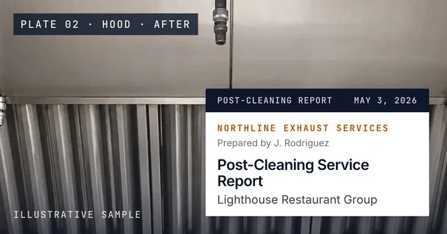 Illustrative photograph of a kitchen exhaust hood after cleaning, with the report's title block from the sample report pinned on it