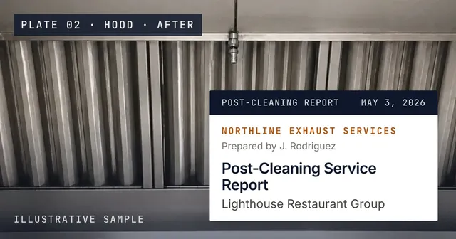 Illustrative photograph of a kitchen exhaust hood after cleaning, with the report's title block from the sample report pinned on it
