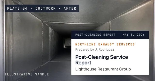 Illustrative photograph of a exhaust duct after cleaning, with the report's title block from the sample report pinned on it