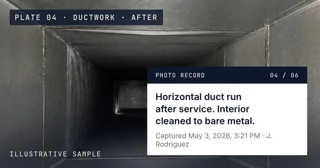 Illustrative photograph of a exhaust duct after cleaning, with one numbered photo-record entry from the sample report pinned on it