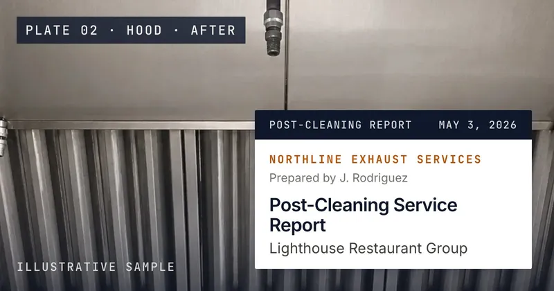 Illustrative photograph of a kitchen exhaust hood after cleaning, with the report's title block from the sample report pinned on it