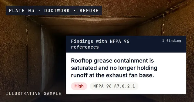 Illustrative photograph of a exhaust duct before cleaning, with a Findings with NFPA 96 references block from the sample report pinned on it