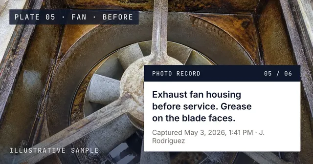 Illustrative photograph of a rooftop exhaust fan before cleaning, with one numbered photo-record entry from the sample report pinned on it
