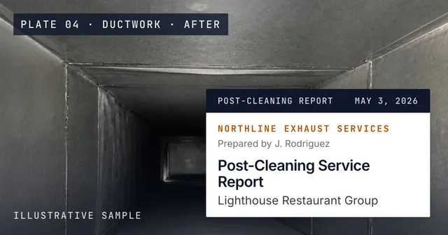 Illustrative photograph of a exhaust duct after cleaning, with the report's title block from the sample report pinned on it