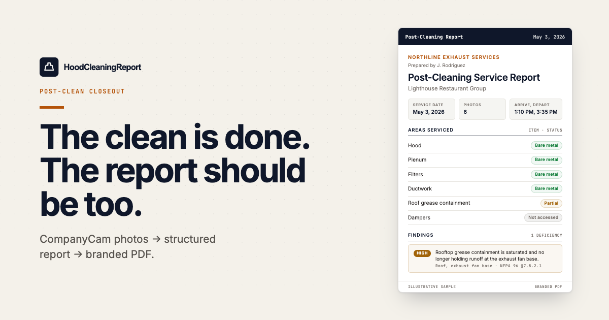 HoodCleaningReport report preview showing a completed post-cleaning service report